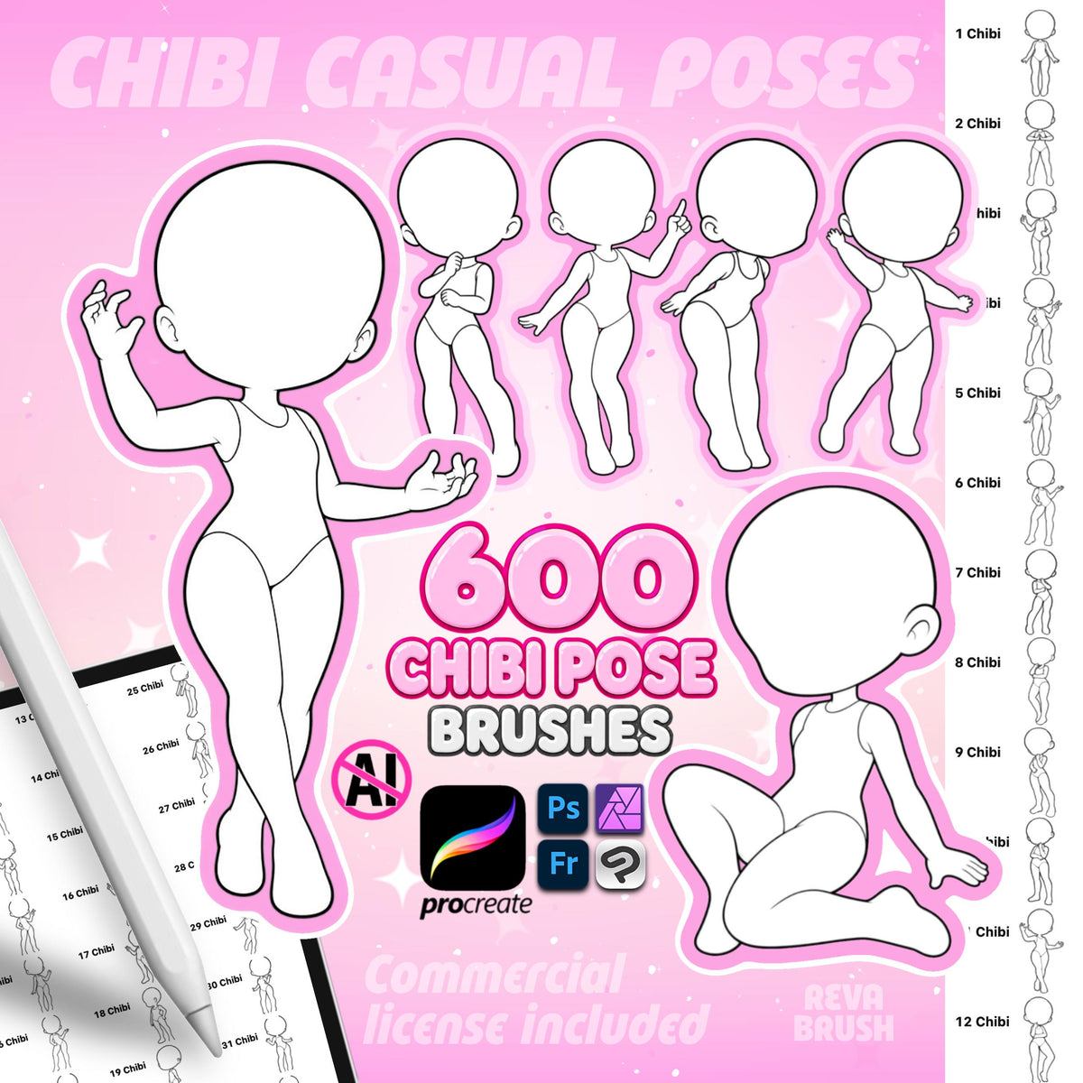 600 Chibi Pose Brushes – Procreate & Photoshop – cover by Revabrush