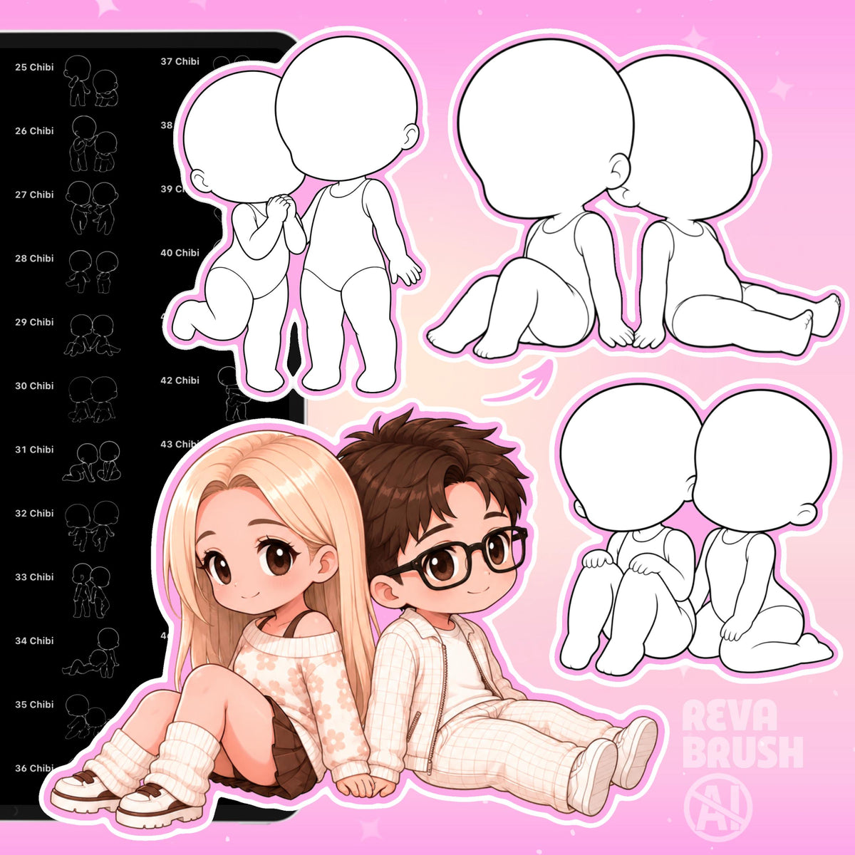 Chibi character pose stamps with casual, everyday and couple poses for Procreate & Photoshop – preview 7