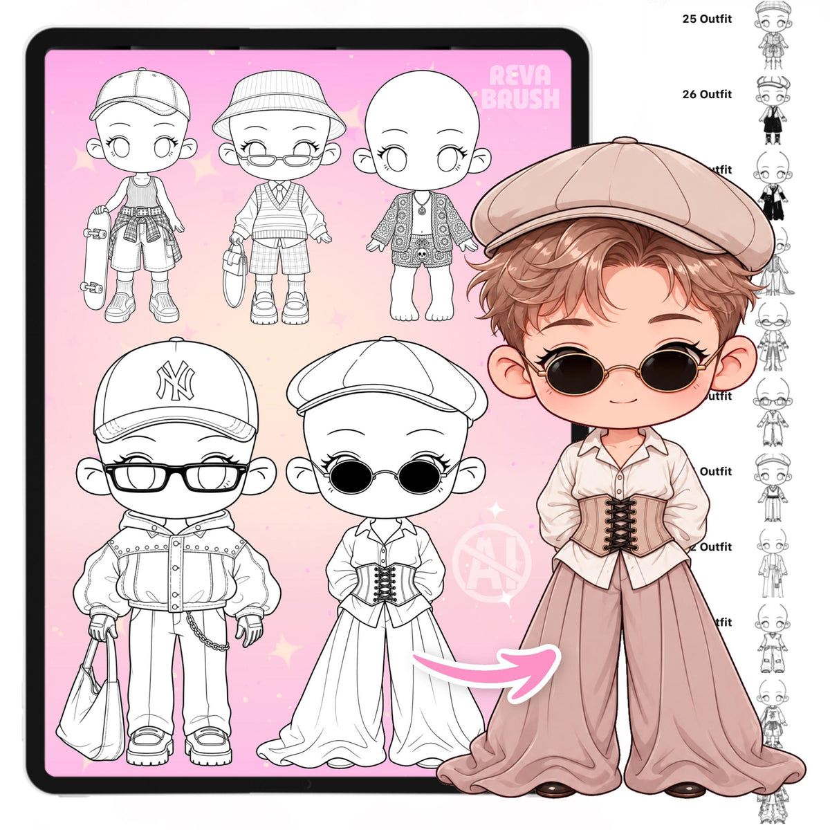 Chibi pose stamps with outfits already drawn for Procreate & Photoshop – preview 4