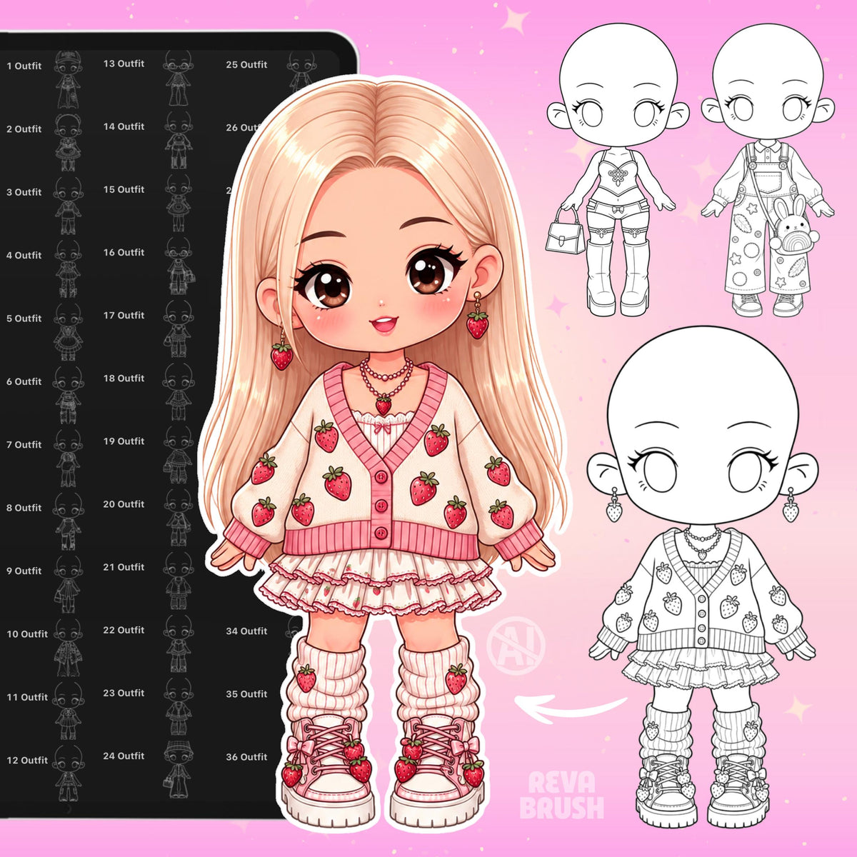 Chibi pose stamps with outfits already drawn for Procreate & Photoshop – preview 9