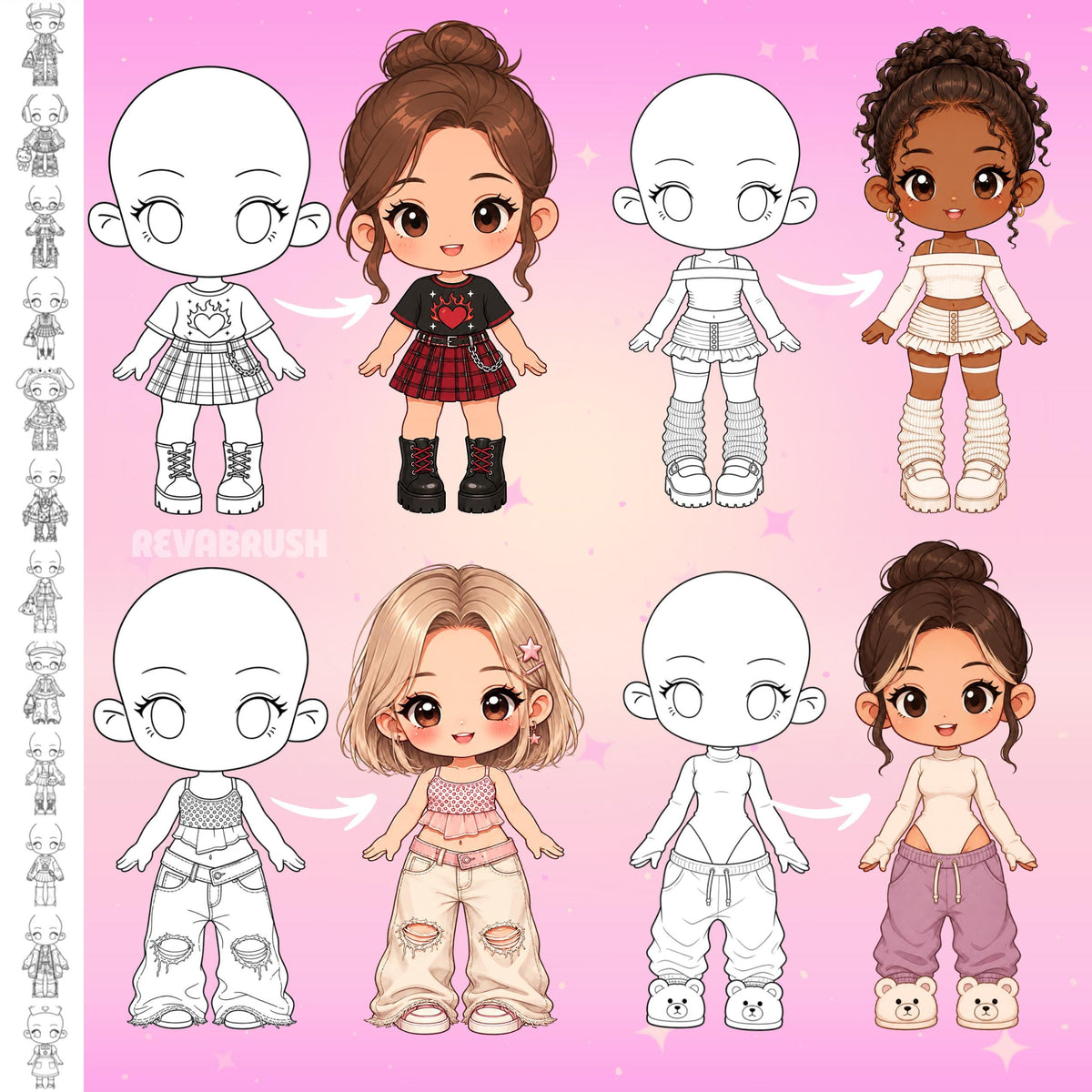 Chibi pose stamps with outfits already drawn for Procreate & Photoshop – preview 3