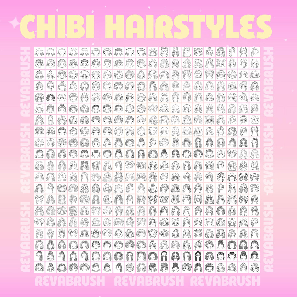 Chibi face and hairstyle stamps for female and male characters for Procreate & Photoshop – preview 16