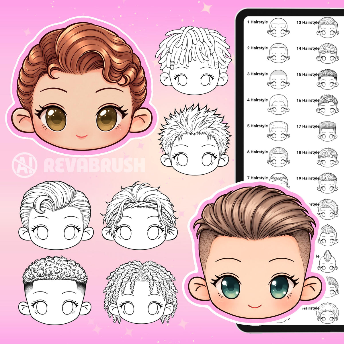 Chibi face and hairstyle stamps for female and male characters for Procreate & Photoshop – preview 10