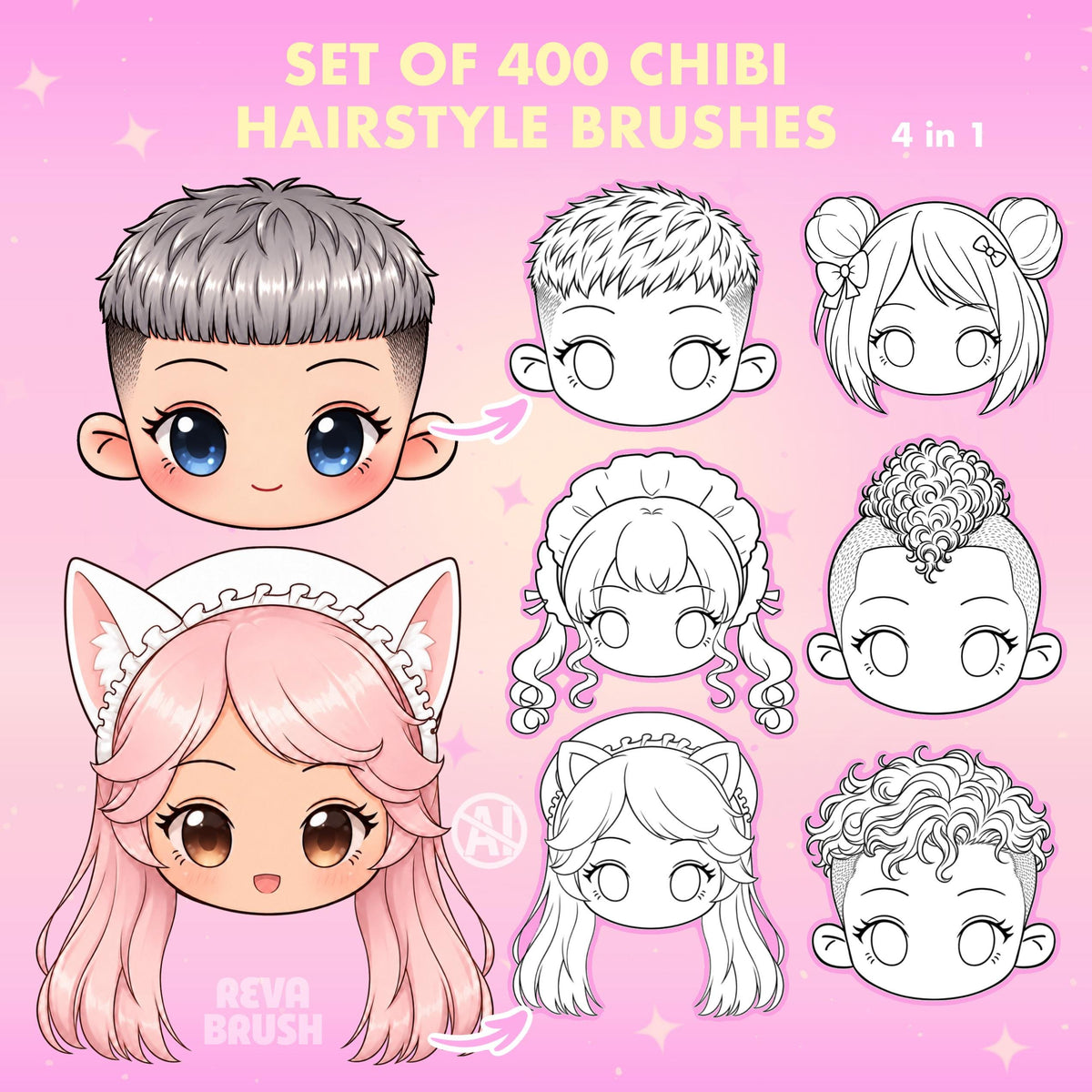Chibi face and hairstyle stamps for female and male characters for Procreate & Photoshop – preview 2