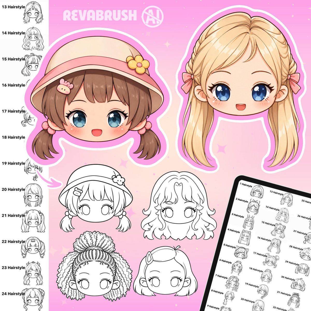 Chibi face and hairstyle stamps for female and male characters for Procreate & Photoshop – preview 5
