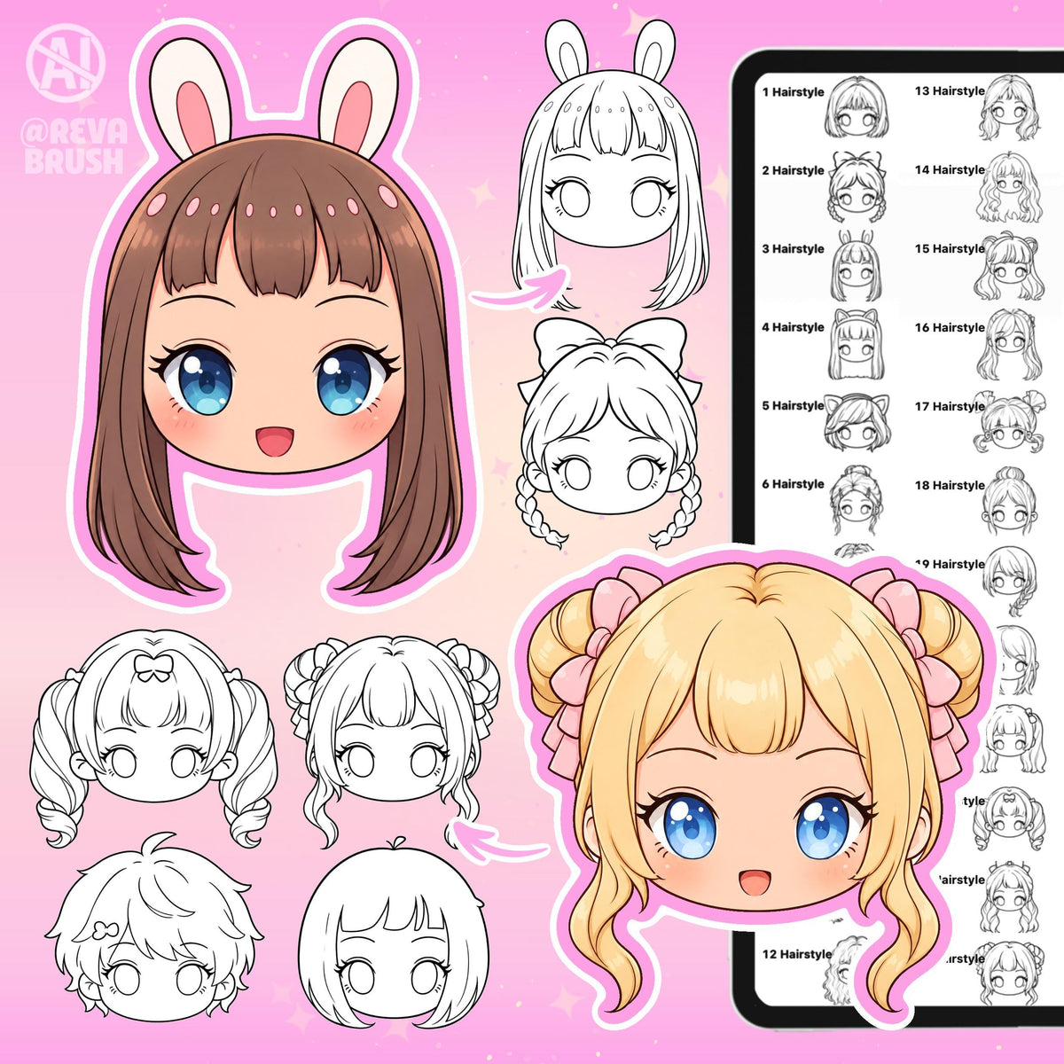 Chibi face and hairstyle stamps for female and male characters for Procreate & Photoshop – preview 8