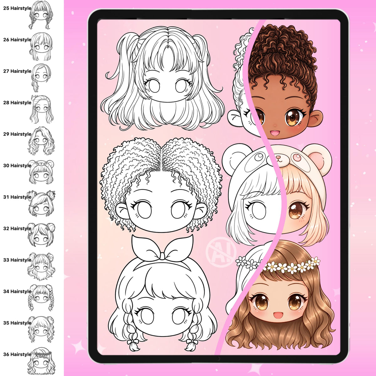 Chibi face and hairstyle stamps for female and male characters for Procreate & Photoshop – preview 4