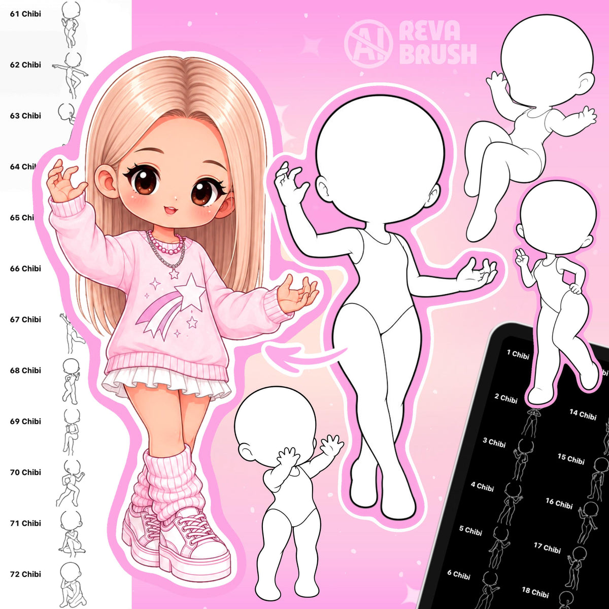 Chibi character pose stamps with casual, everyday and couple poses for Procreate & Photoshop – preview 2