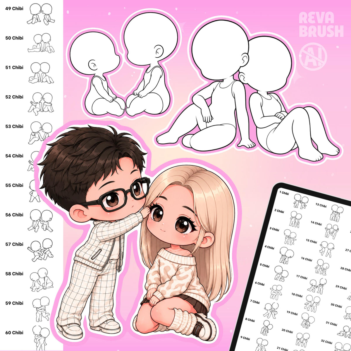 Chibi character pose stamps with casual, everyday and couple poses for Procreate & Photoshop – preview 3
