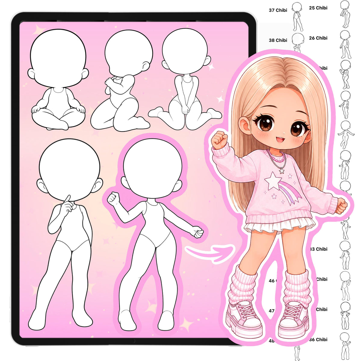 Chibi character pose stamps with casual, everyday and couple poses for Procreate & Photoshop – preview 5