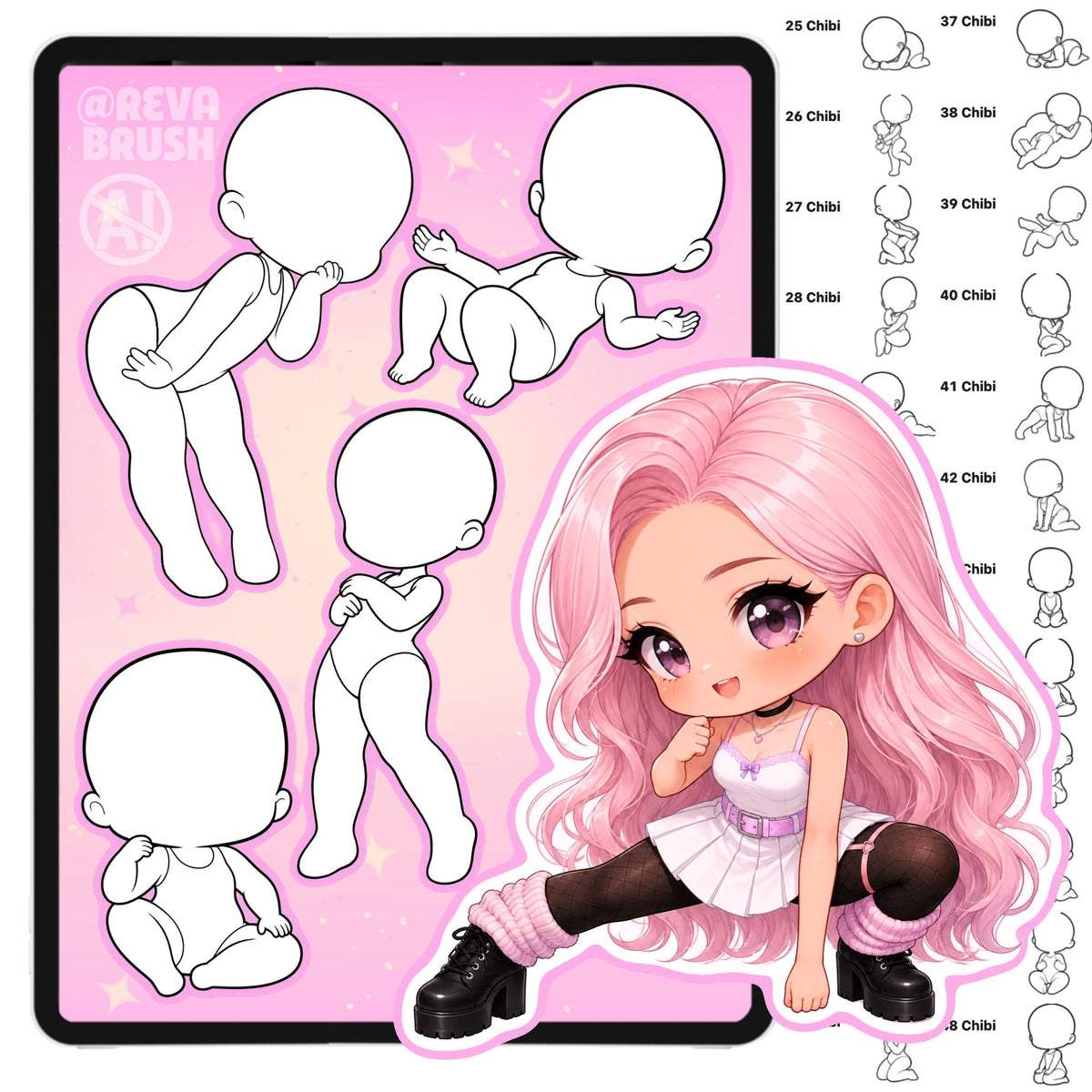 Chibi character pose stamps with casual, everyday and couple poses for Procreate & Photoshop – preview 13