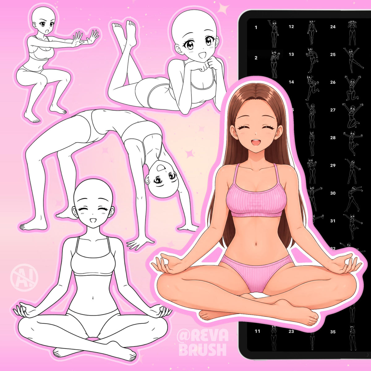 Female anime body pose stamps for Procreate & Photoshop – preview 3