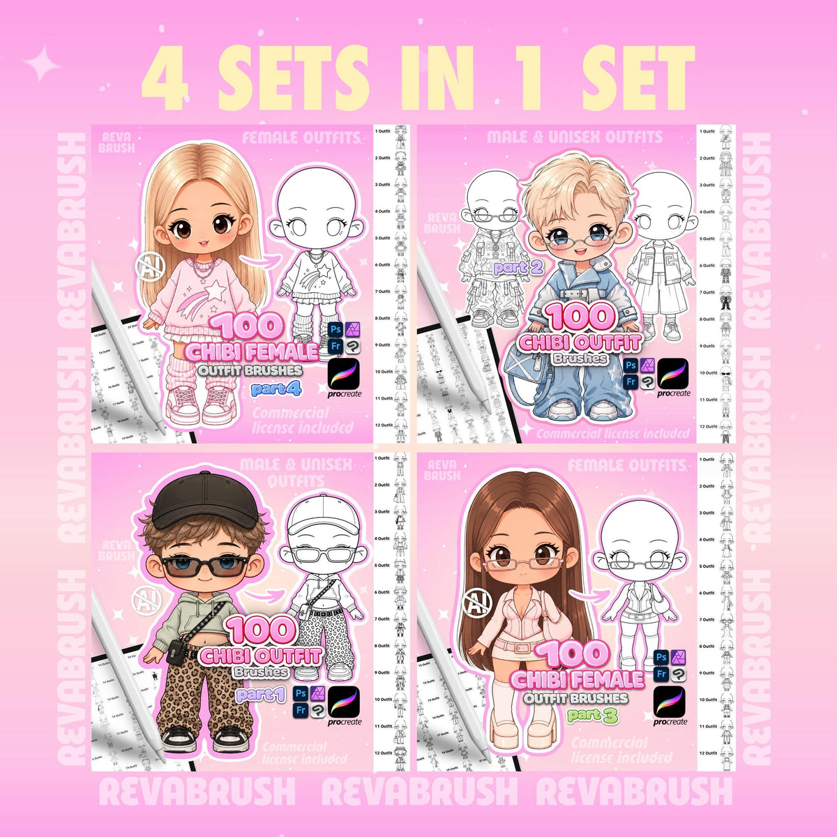 Chibi pose stamps with outfits already drawn for Procreate & Photoshop – preview 15