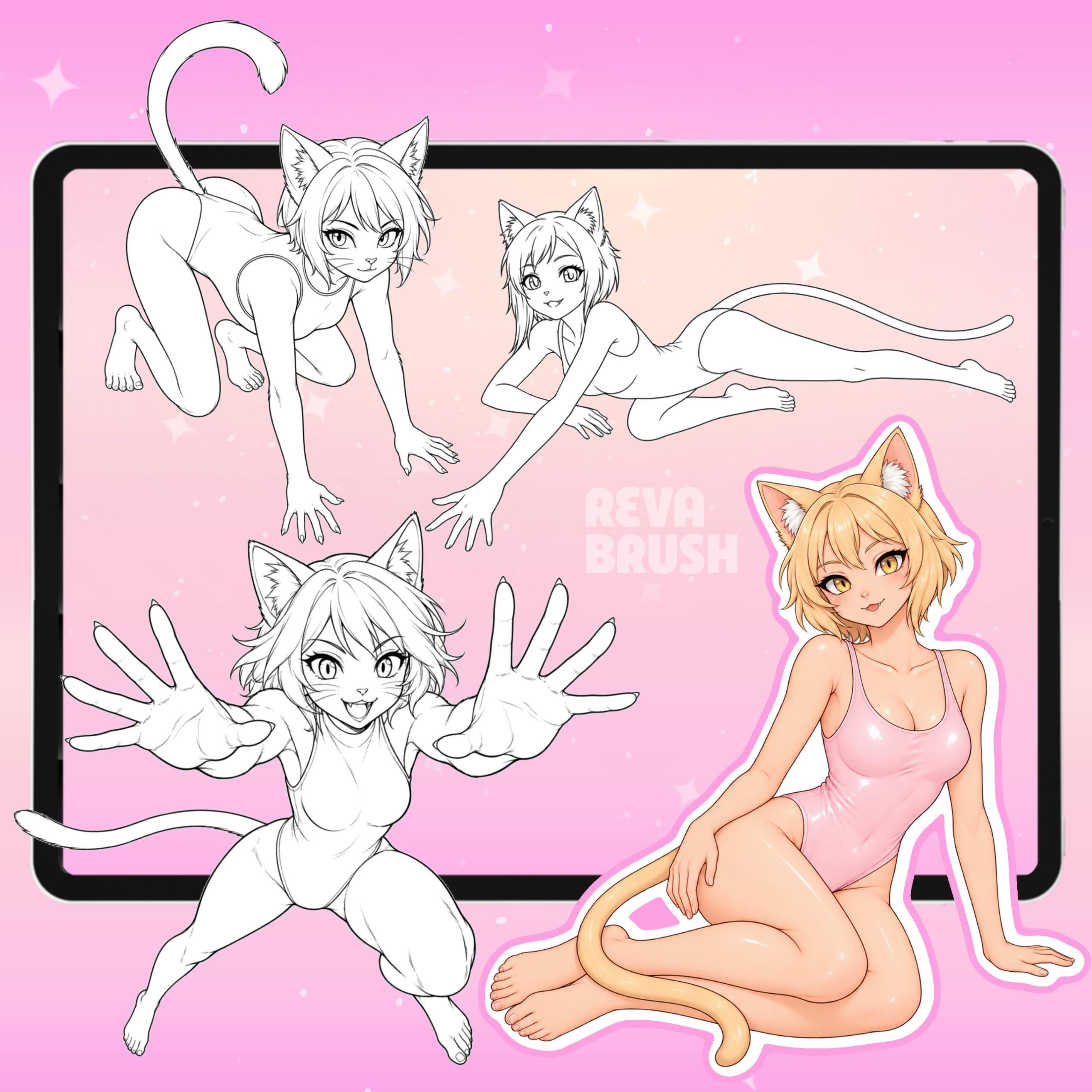 Furry cat character pose stamps for Procreate & Photoshop – preview 8