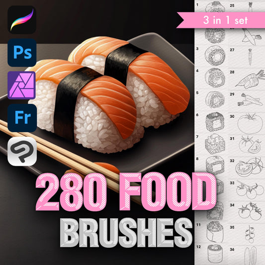 Photoshop Food brushes. Photoshop picnic brushes. Photoshop Sushi, Breakfast, Vegetable brushes. Clip Studio Food brushes. Clip Studio Sushi
