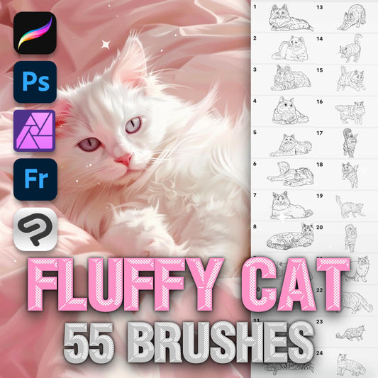 55 Cat & Fluffy Fur Brushes for Procreate & Photoshop – Cute Pet Portrait Set