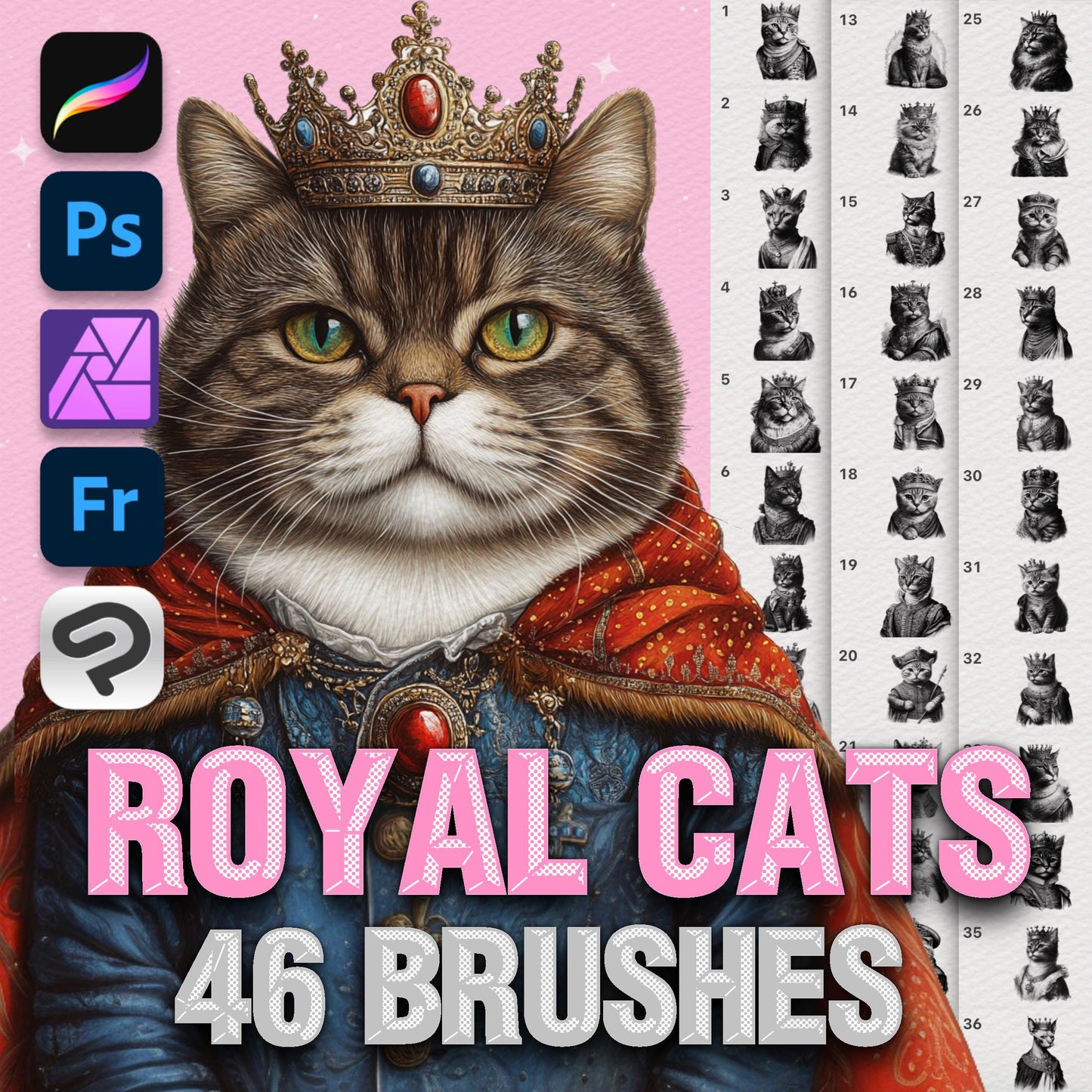 Procreate Cat Brushes – Photoshop Royal Cat in Crown, Pet Portrait & Tattoo Brushes, Clip Studio Set