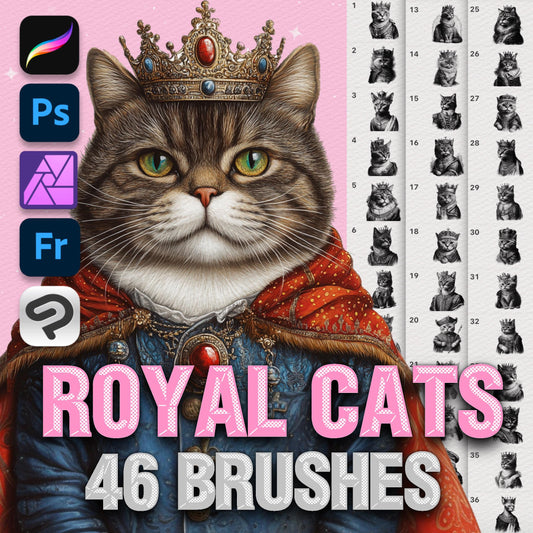 Procreate Cat Brushes – Photoshop Royal Cat in Crown, Pet Portrait & Tattoo Brushes, Clip Studio Set