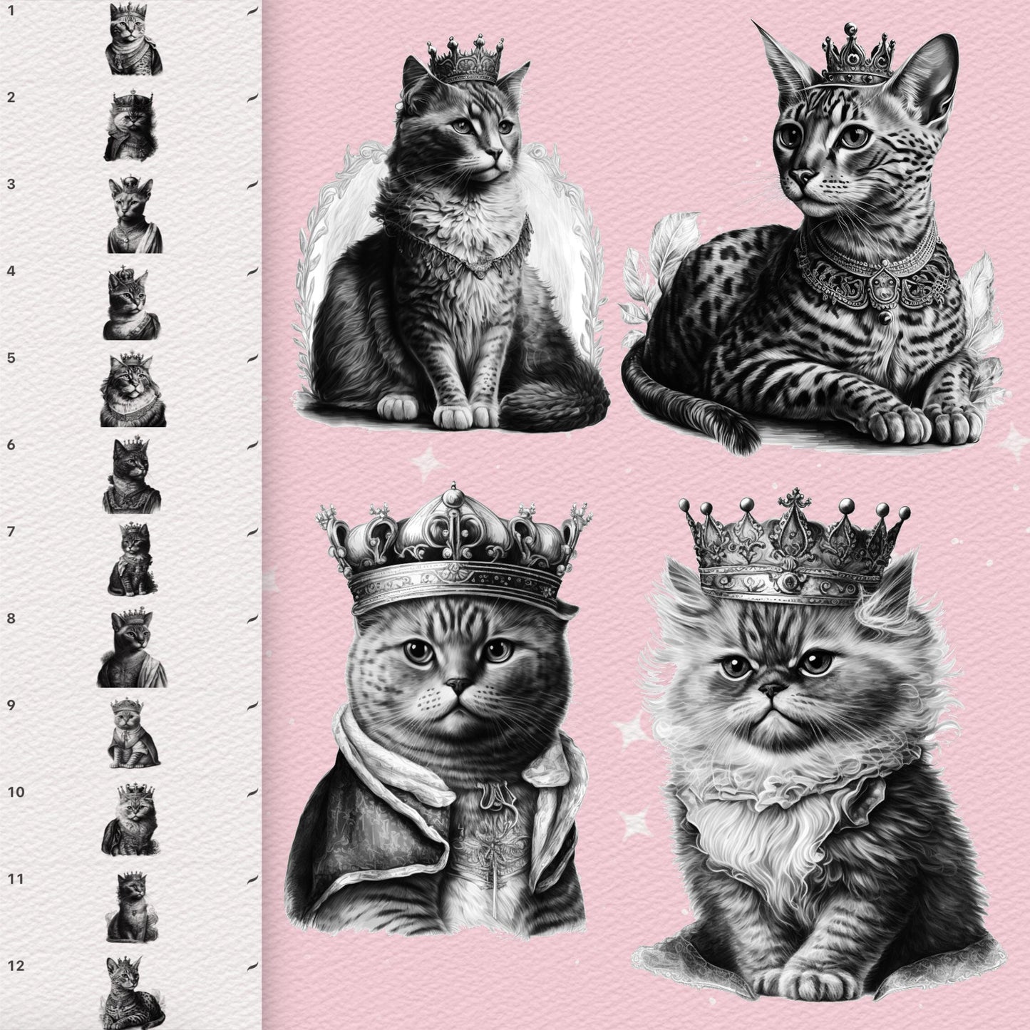 Procreate Cat Brushes – Photoshop Royal Cat in Crown, Pet Portrait & Tattoo Brushes, Clip Studio Set