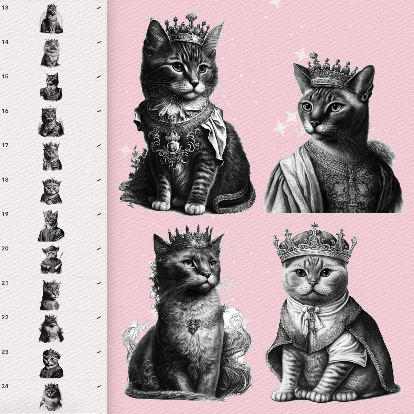Procreate Cat Brushes – Photoshop Royal Cat in Crown, Pet Portrait & Tattoo Brushes, Clip Studio Set