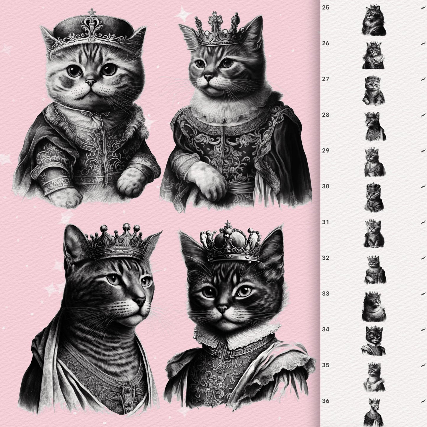 Procreate Cat Brushes – Photoshop Royal Cat in Crown, Pet Portrait & Tattoo Brushes, Clip Studio Set