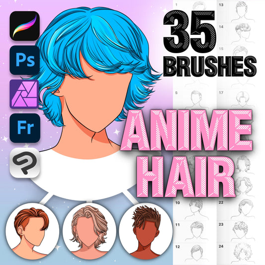 Procreate Male Anime Hair Brushes – Photoshop Manga & Chibi Hairstyles, Clip Studio & Affinity Photo