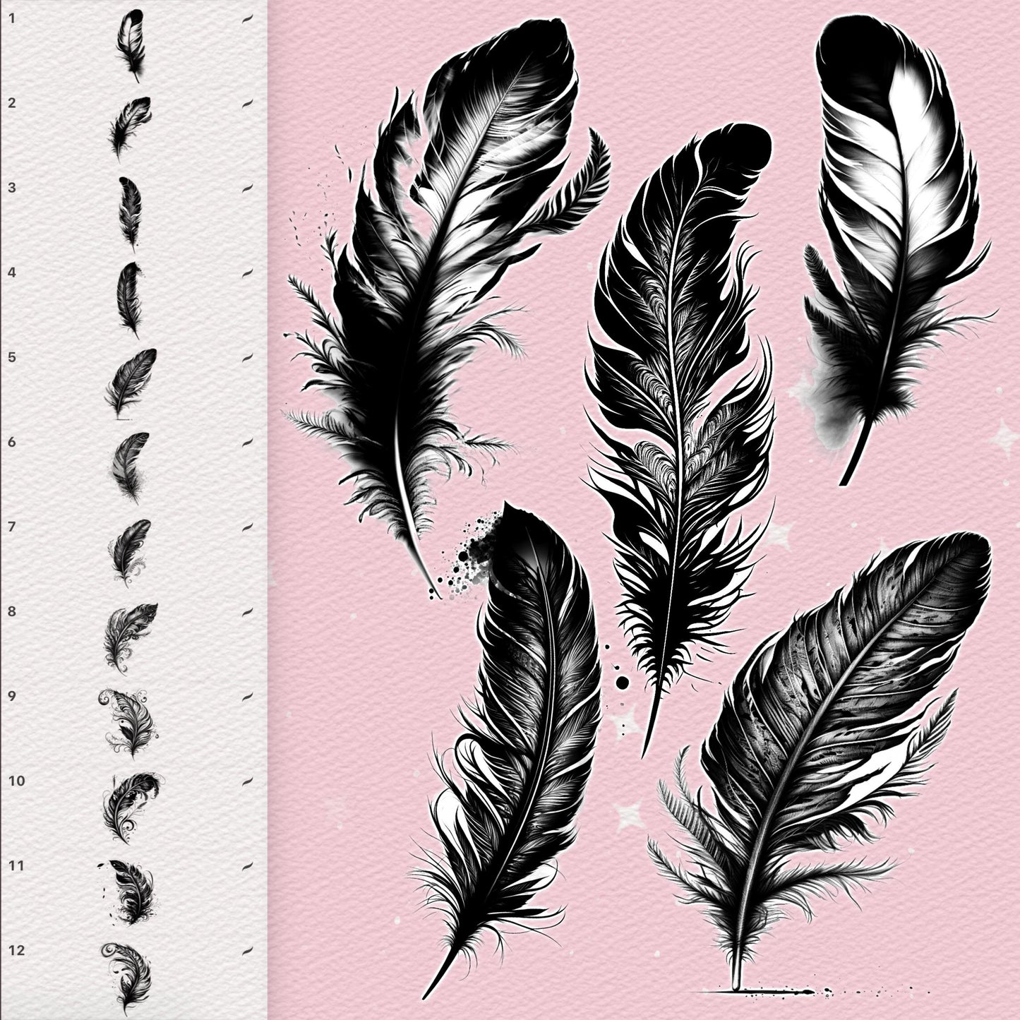 Feather Brushes for Procreate & Photoshop – Realistic Tattoo & Clip Studio Feather Brush Set