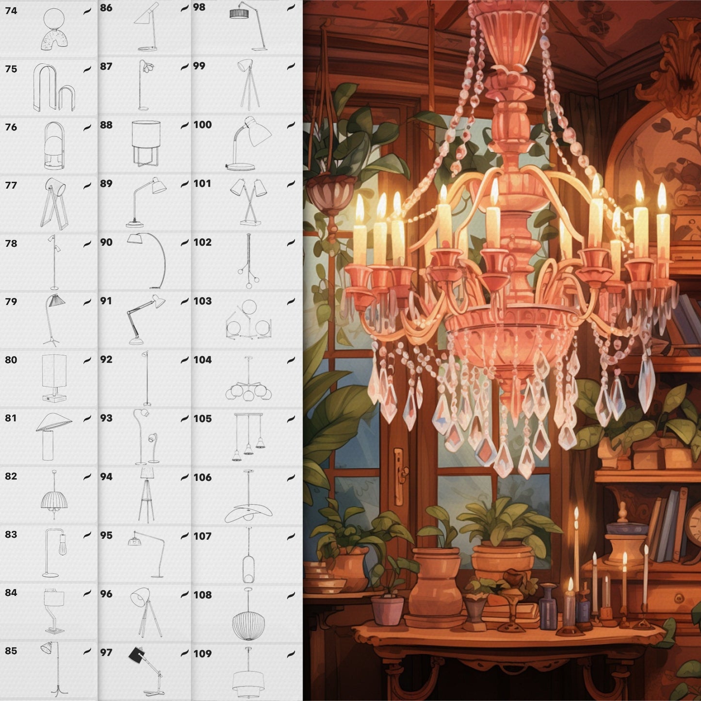Procreate Interior Brushes – Photoshop Lamp & Light Stamps – Chandelier Brushes for Digital Art