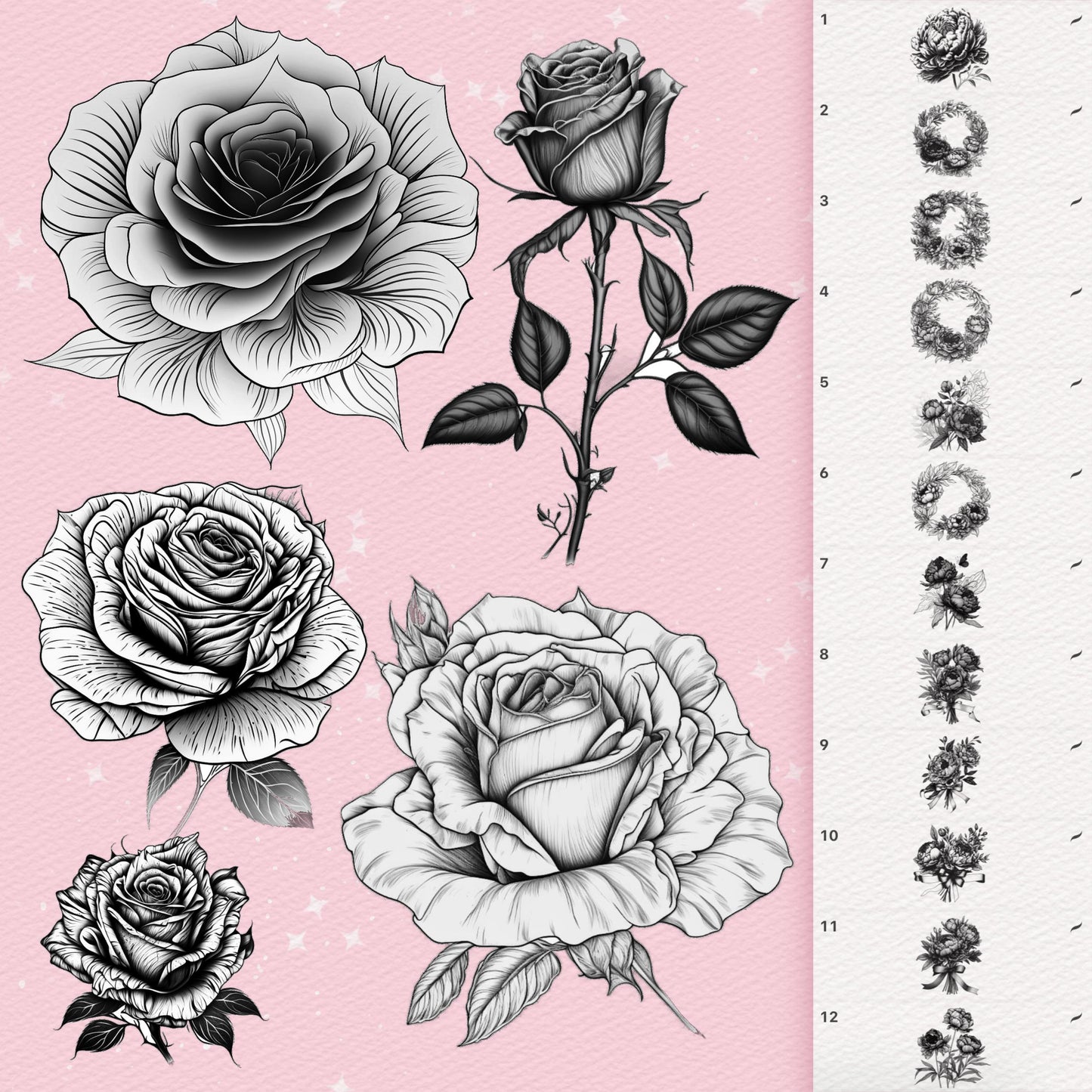 250 Flower Tattoo Brushes for Procreate & Photoshop – Roses, Peonies & More
