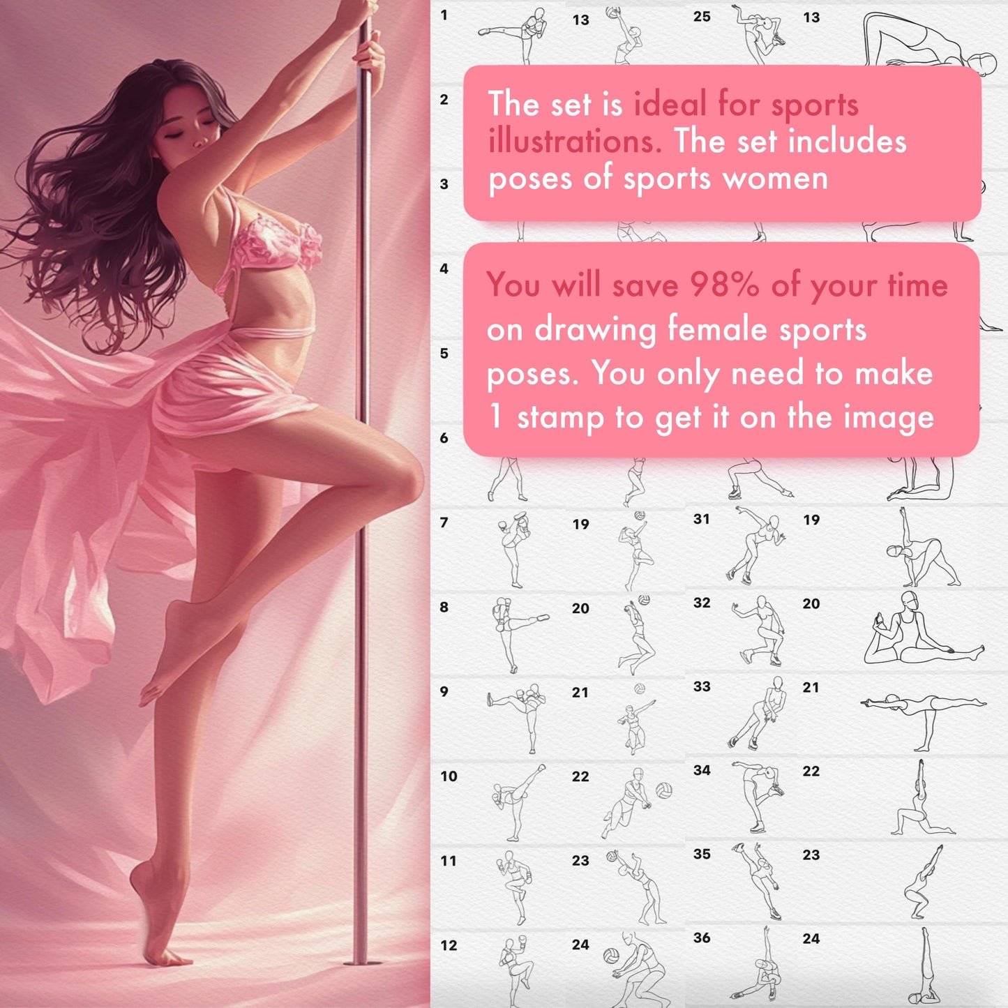 260 Female Sports Pose Brushes for Procreate & Photoshop – Pole Dance, Yoga & More
