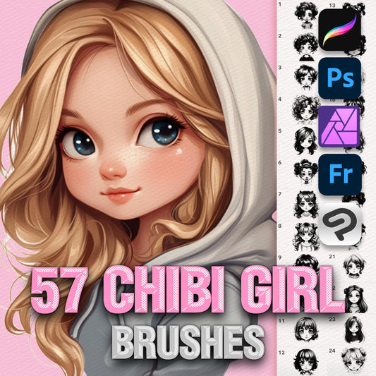 Procreate 및 Photoshop용 치비 &amp; 애니메이션 소녀 브러시 - 만화 초상화 세트
