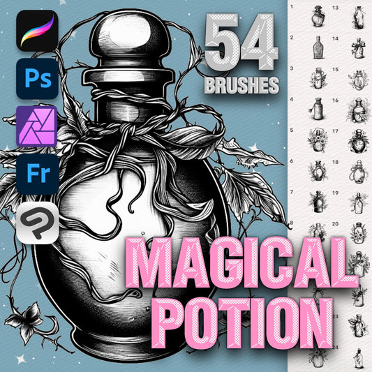 Photoshop Potion Bottles brushes. Photoshop Magic Potion Bottles, Mystic Spell Jar. Clip Studio tattoo brushes. Photoshop tattoo brushes