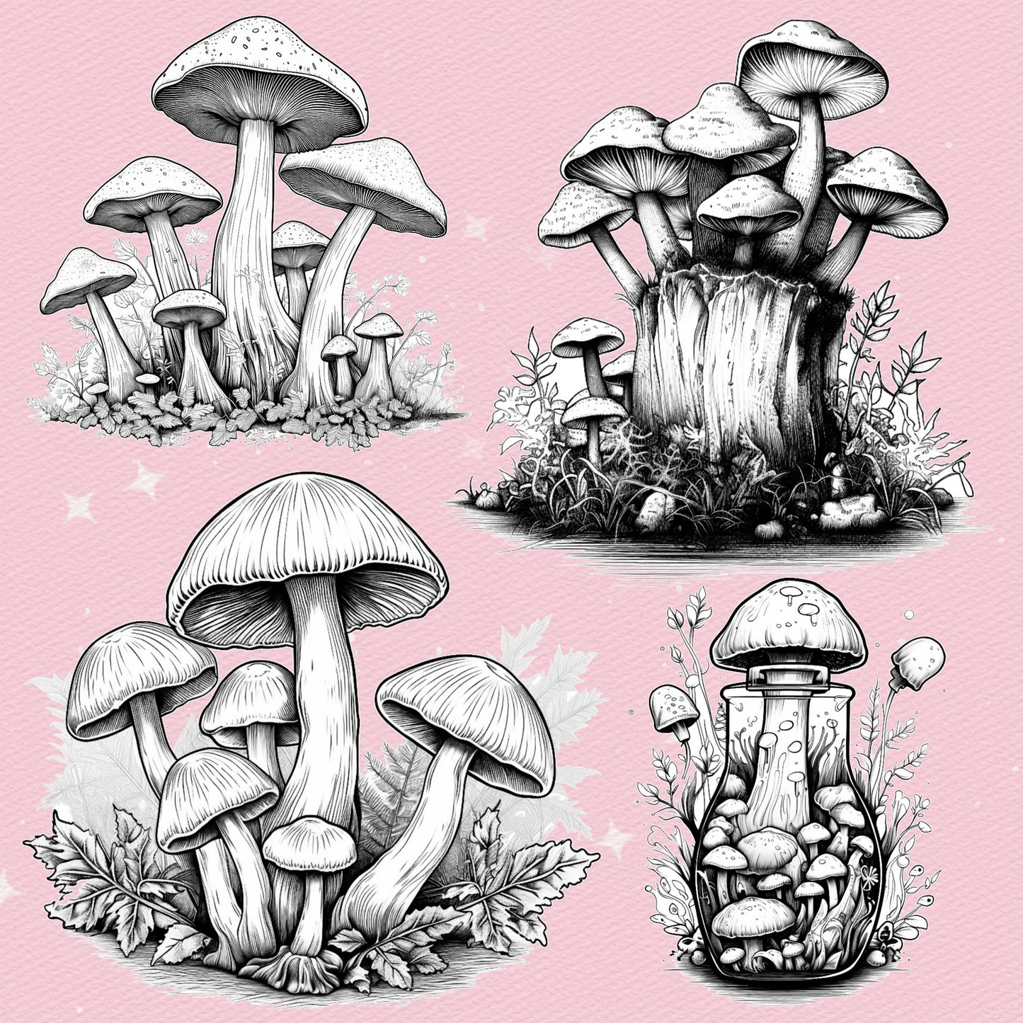 30 Tattoo Mushroom Brushes for Procreate & Photoshop – Vintage Botanical Style