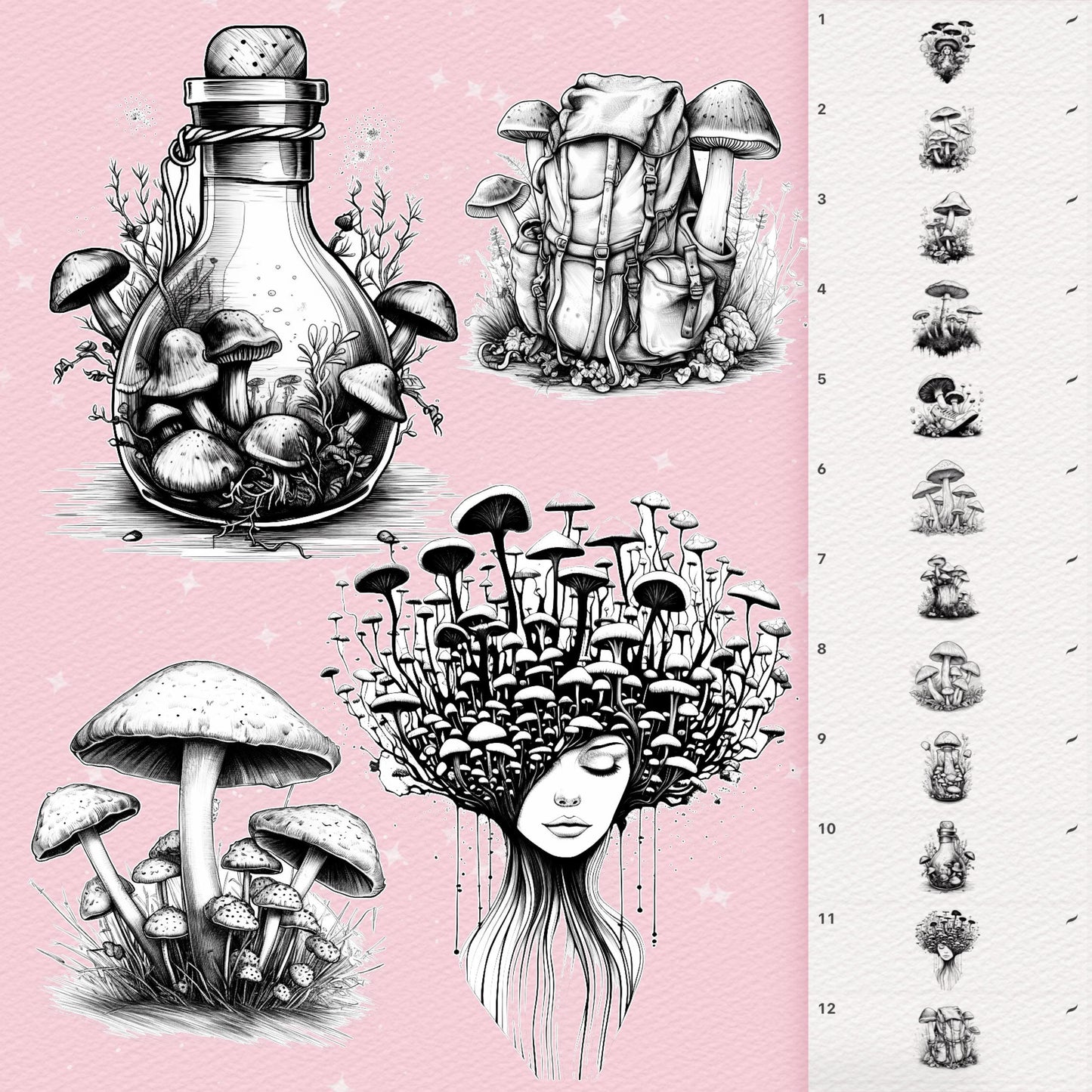 30 Tattoo Mushroom Brushes for Procreate & Photoshop – Vintage Botanical Style