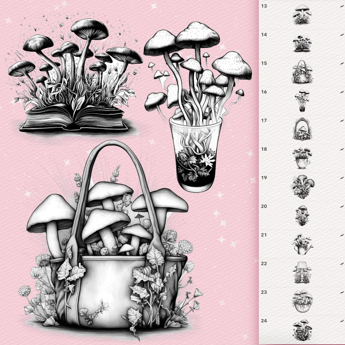 30 Tattoo Mushroom Brushes for Procreate & Photoshop – Vintage Botanical Style