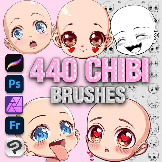 Procreate 및 Photoshop용 치비 이모트 및 이모트 헤드 브러시 - 만화 표현 세트
