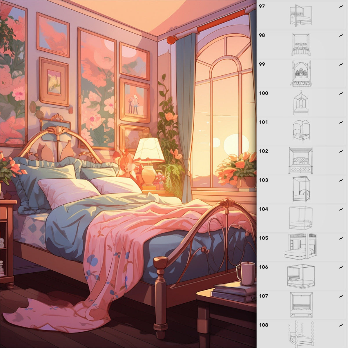 Procreate & Photoshop용 110개 침대 & 소파 브러시 - 침실 & 인테리어 세트