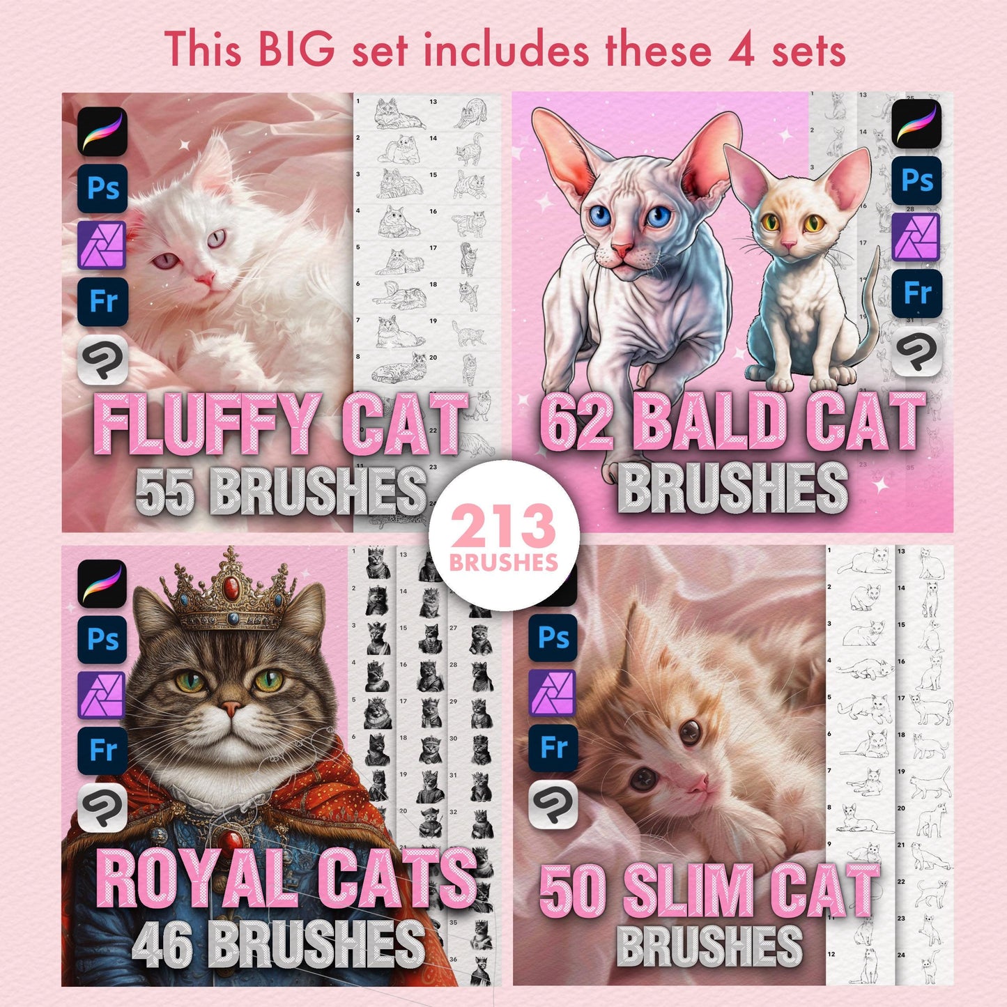 Cat Brushes for Procreate – Fluffy, Sphynx, and Cute Animal Stamps for Photoshop & Clip Studio