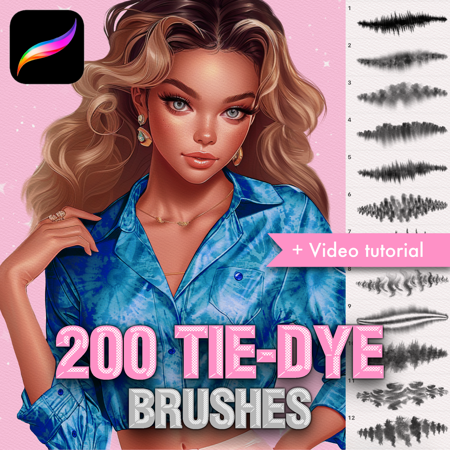 Procreate Tie-Dye Brushes Pack cover: portrait of a woman in blue tie-dye shirt with brush samples and '+ Video tutorial' banner, REVABRUSH